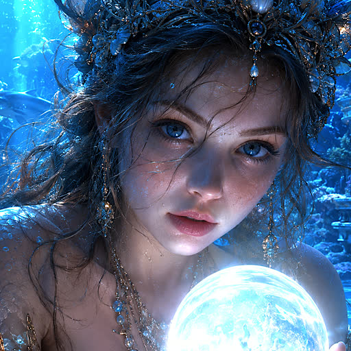 Mermaid holding a glowing crystal ball underwater