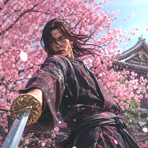 Samurai under sakura blossoms with drawn katana