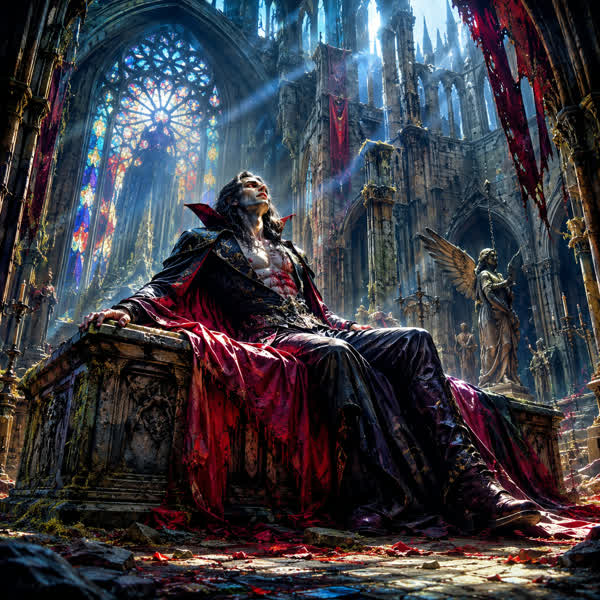 Vampire in a Gothic cathedral, Dark Fantasy style